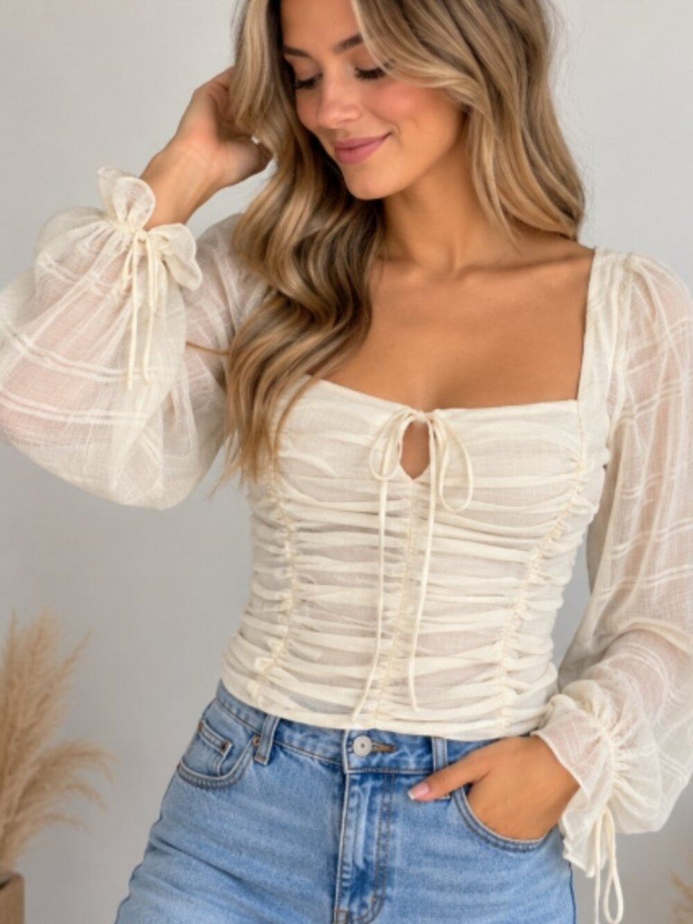 Francesca’s Audrey Parks Ruched Sheer Long Sleeve Square Neck Blouse White - M